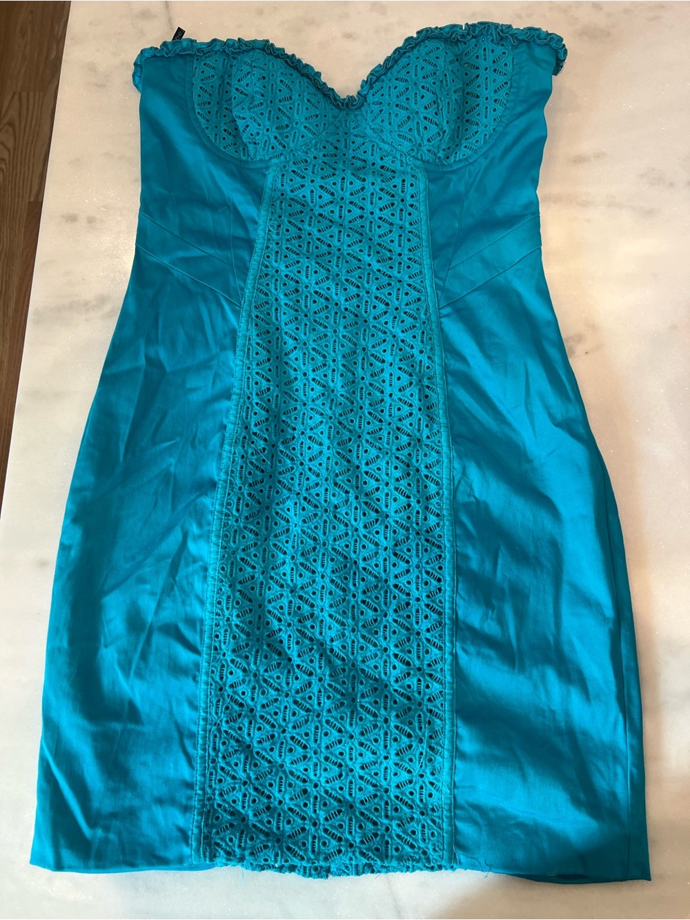 bebe Teal Strapless Lace-Front Mini Dress